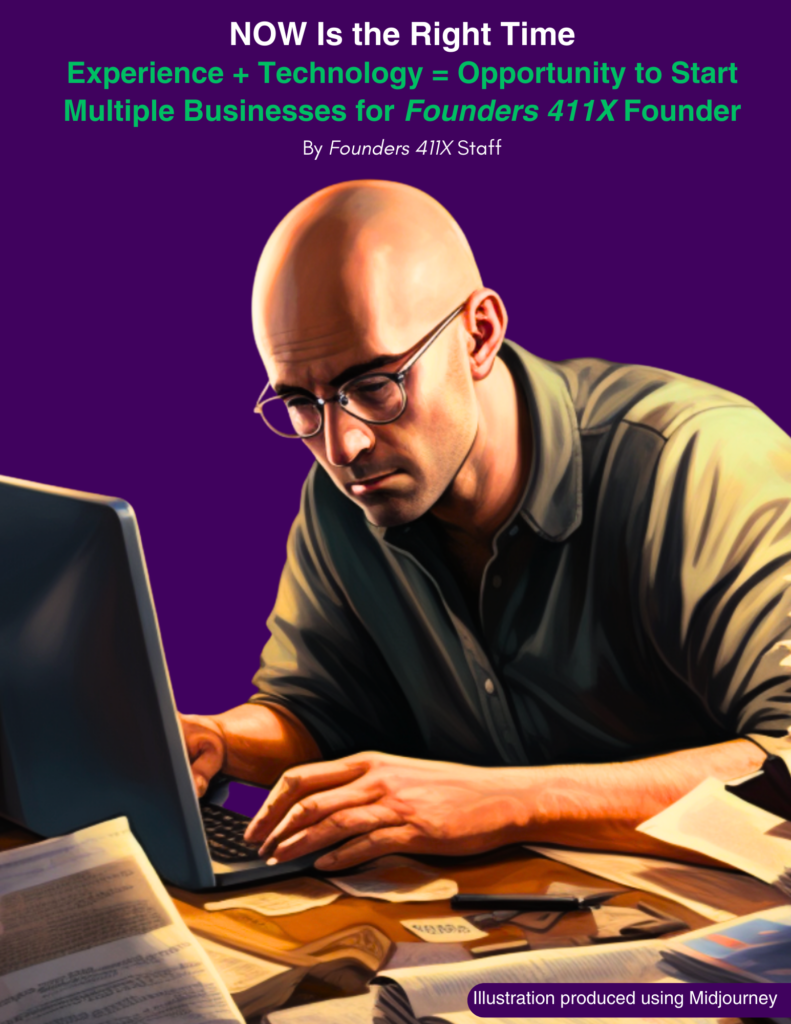 Cover page for Now Is the Right Time. Image shows man working hard on his computer. Image produced using Midjourney.