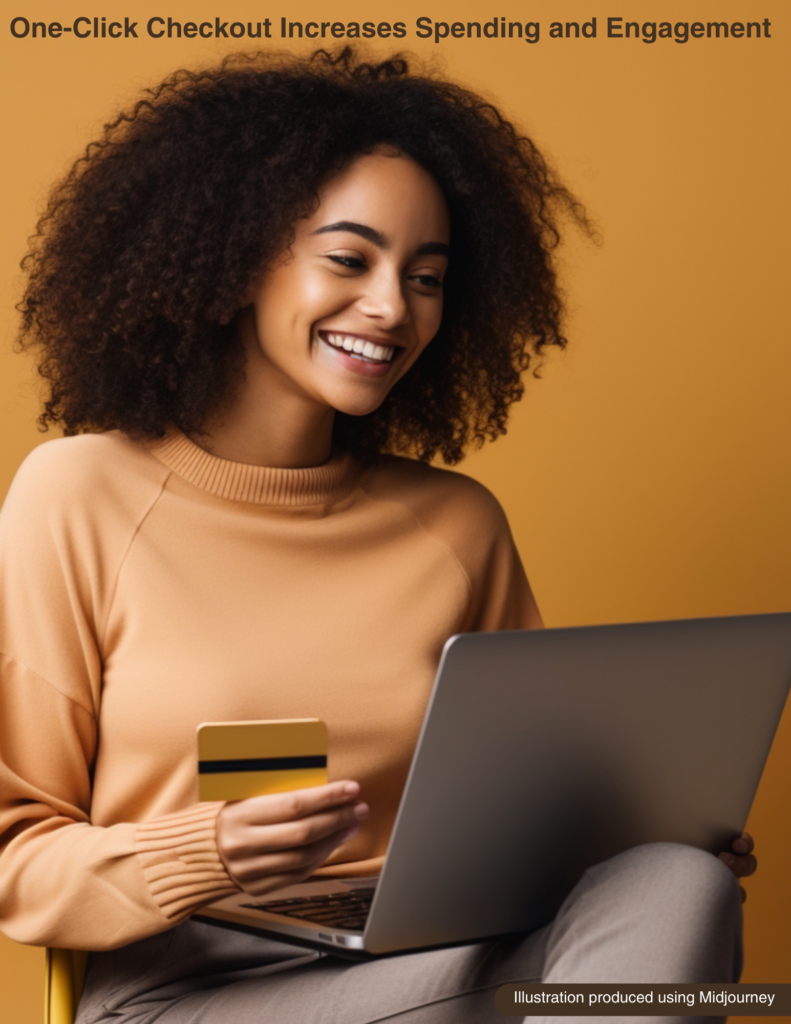 Cover page for One-Click Checkout Increases Spending and Engagement. Image of woman holding a credit card and looking at her computer screen. Image produced using Midjourney.