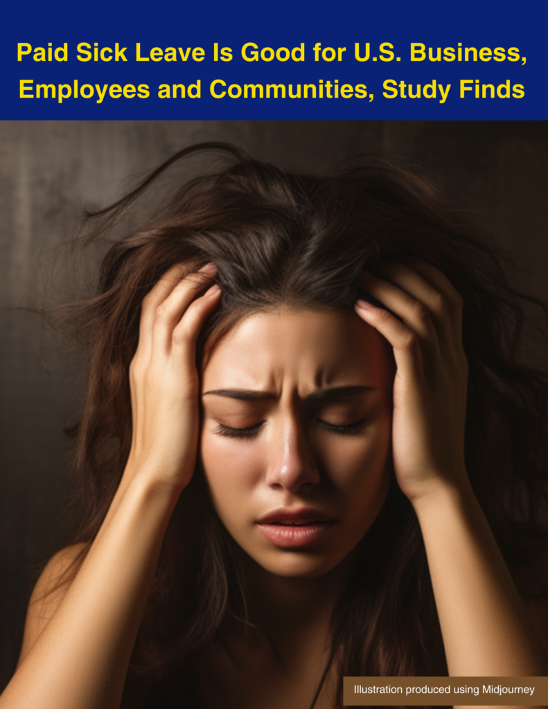 Cover page for Paid Sick Leave Is Good for U.S. Business, Employees and Communities, Study Finds. Image of a woman who appears to have a severe headache. Image produced using Midjourney.