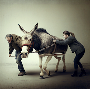 Two people pushing and pulling to get a donkey to move. Image produced using Midjourney.