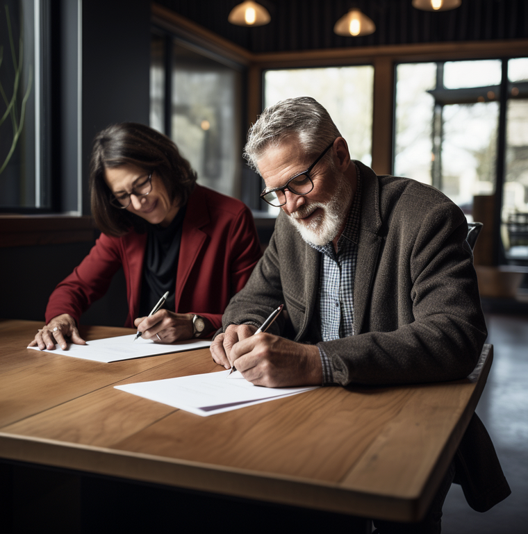 A man and a woman sitting at a table signing contracts. Image produced using Midjourney.