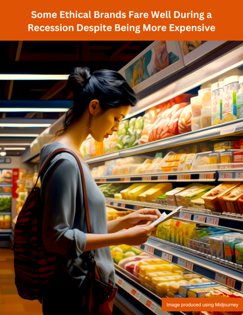 Cover page for Some Ethical Brands Fare Well During a Recession Despite Being More Expensive. Image shows a woman looking at food on store shelves. Image produced using Midjourney.