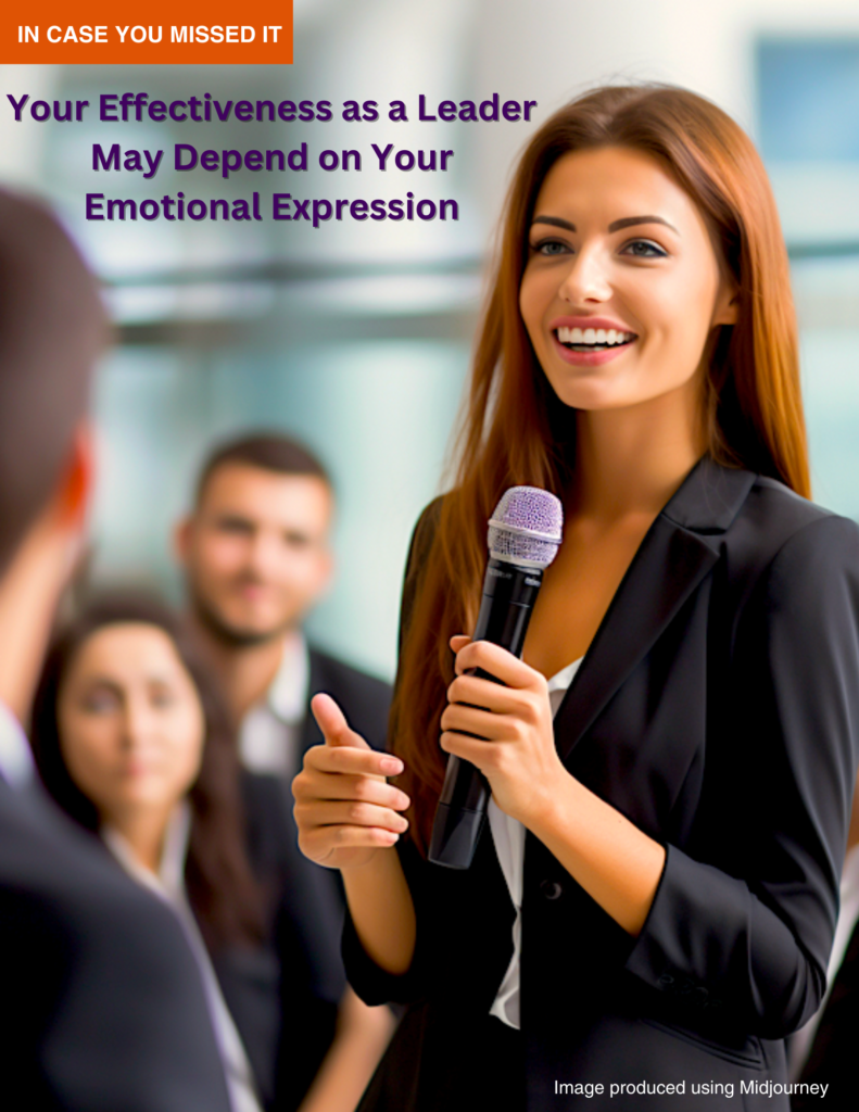 Cover image for the article Your Effectiveness as a Leader May Depend on Your Emotional Expression. Image is a business woman smiling and holding a microphone. Image produced using Midjourney.