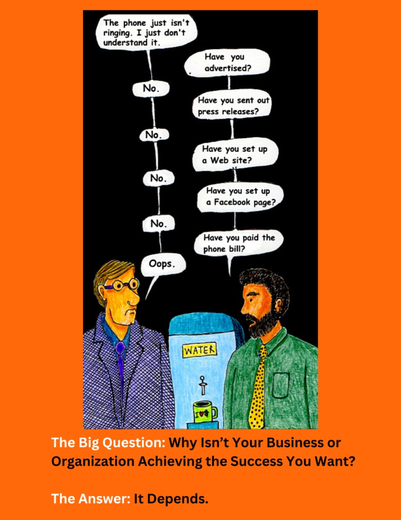 Cover page for The Big Question article. Image is a cartoon of two men discussing why one's business is not getting clients.