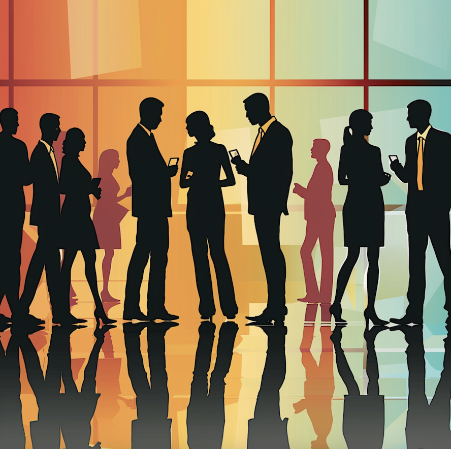 Illustration of people networking for business. Image produced using Midjourney.