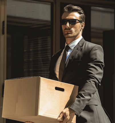 Man in suit and sunglasses walking out of an office building carrying a box. Image made using Midjourney.