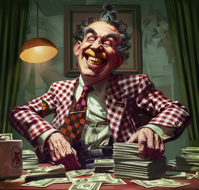 A grinning man sitting at a desk piled with money. He is a scammer. Image produced using Midjourney.