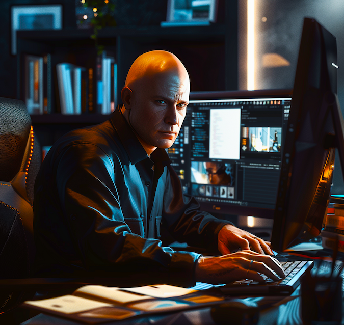 Man working on a computer. Image produced using Midjourney