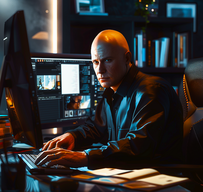 Man working on a computer. Image produced using Midjourney