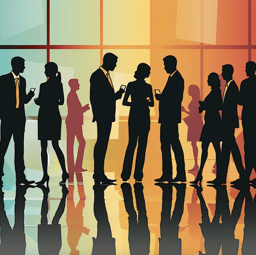 Illustration of people networking for business. Image produced using Midjourney.