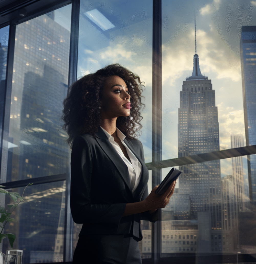 A female executive in a high-rise city office in front of a large window. Image produced using Midjourney