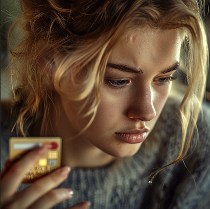 A sad woman holding a credit card. She is deep in debt and doesn't know how to get out of it. Image produced using Midjourney.
