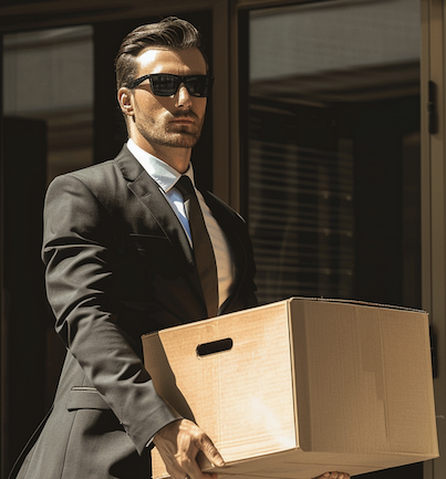 Man in suit and sunglasses walking out of an office building carrying a box. Image made using Midjourney.