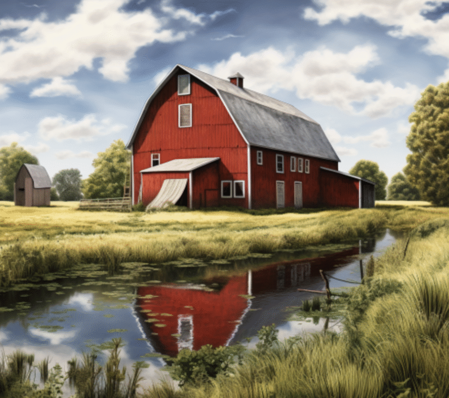 Red barn near a pond. Image produced using Midjourney