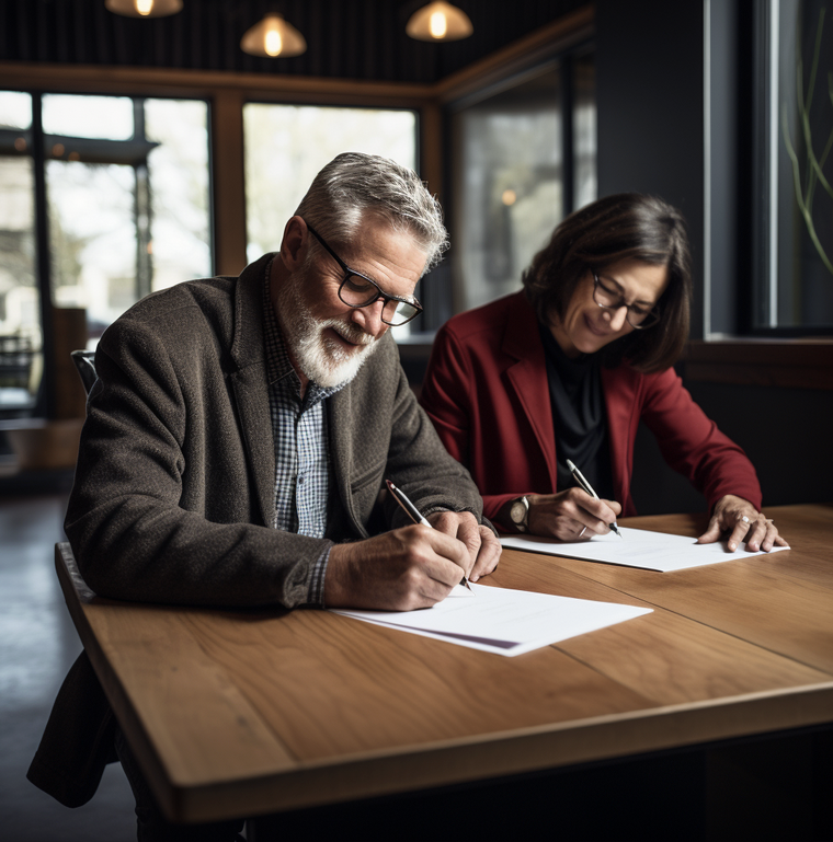 A man and a woman sitting at a table signing contracts. Image produced using Midjourney.