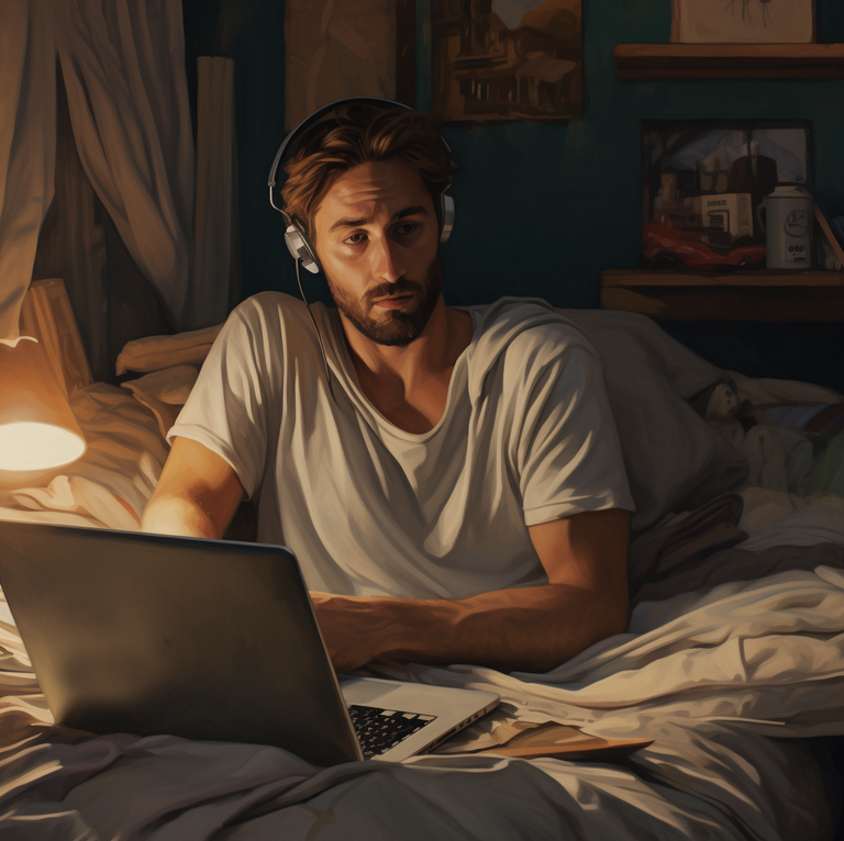 A man working on a laptop in bed. Image produced using Midjourney